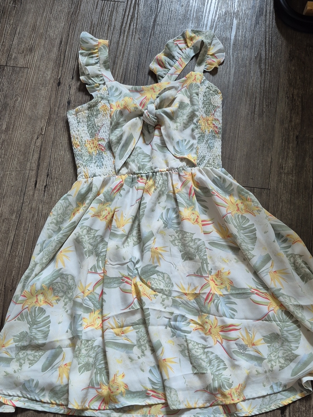 Guess Girls' Tropical Floral Bow Dress - White, Yellow & Green